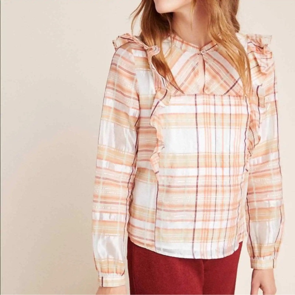 Anthropologie Current Air Polly Peach Organza Plaid Long Sleeve Size Large NWT